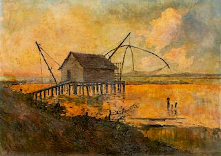 Filippo Mola (Civitavecchia 1849-Brescia 1918)  - Lotto di due dipinti con trabucco e marina