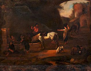 Pittore bambocciante, secolo XVII- Genre scene with horses at the watering hole