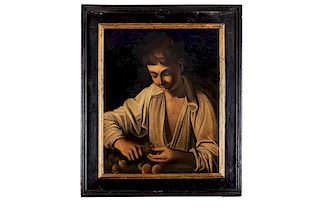 Seguace di Michelangelo Merisi, detto il Caravaggio- Boy peeling a fruit