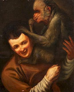 Seguace di Annibale Carracci- Portrait of a man with a monkey