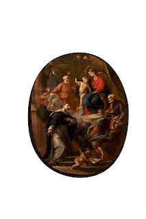 Scuola romana, secolo XVIII- The Madonna and Child, Saint Joseph and Saint Peter appear to Saint Dominic 