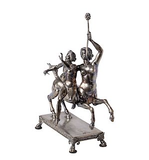 Two sculptural groups in silver depicting a centauress who kidnaps a young man; and a Woman who rides a centaur, Naples 20th century
