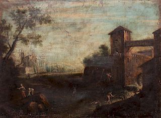 Scuola veneta, secolo XVIII- River landscape with a mill, washerwomen in the foreground and fishermen on the shore