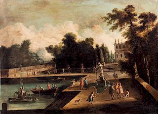 Isaac   de Moucheron (Amsterdam  1667-1744)  - Garden of a villa with fish pond, two fountains and onlookers