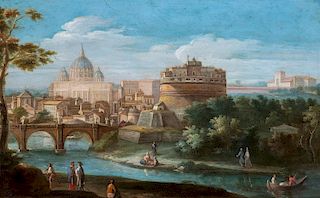 Scuola romana, inizi secolo XVIII- The view of Rome from Tor di Nona, towards Castel Sant'Angelo, the Ponte degli Angeli and San Pietro in the distanc
