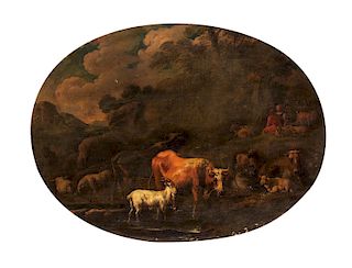 Pittore fiammingo attivo in Italia, inizi secolo XVIII- Two river landscapes with shepherds and herds