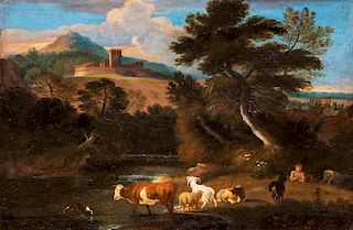 Scuola romana, secolo XVIII- River landscape with shepherds and herds