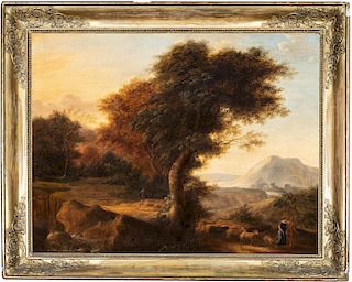 Imitatore di Nicolas Poussin, fine secolo XVIII- River landscape with a river in the foreground and shepherds in classic clothes 