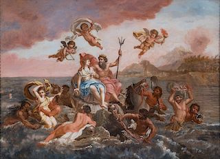 Cerchia di Louis de Boullogne il Giovane (Parigi 1654 - 1733)- Two mithologycal scenes: Triumph of Neptune and Amphitrite; and Sine Cerere et Baccho f
