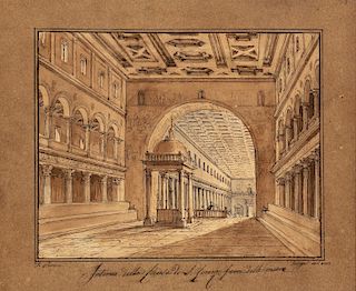Scuola romana, inizi secolo XIX- Interior of the Church of San Lorenzo fuori le Mura