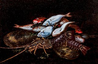 Nicola  Massa Recco (attivo a Napoli, fine XVII – inizi XVIII secolo)  - Two still lifes with fishes, en pendant