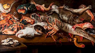 Scuola fiamminga, secolo XVII- Fishes and shellfish on a table