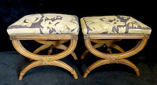 PR. AUBUSSON UPHOLSTERED CERULE BENCHES 