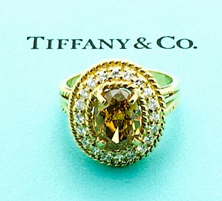 Tiffany & Co 18k Gold 2.51 Yellow Diamond & White Diamond Halo Ring Size 7.25