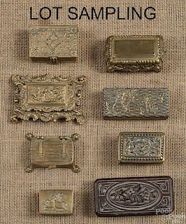 Forty stamp boxes, 19th/20th c., mostly brass.