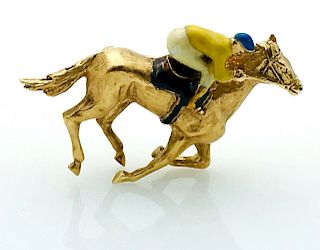 14k Gold & Enamel Equestrian 1.5" Pin / Brooch
