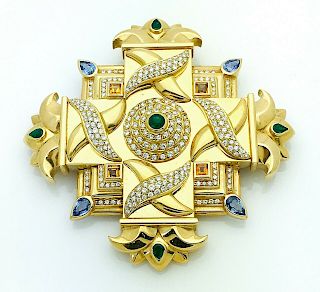 18k Yellow Gold  6.5 TCW Diamonds Emerald Citrine Sapphire Brooch