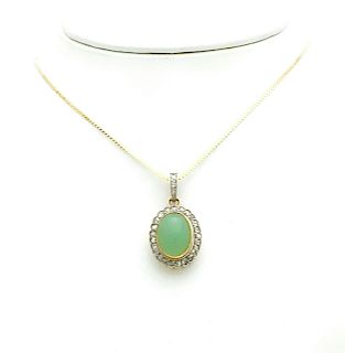 Estate Balestra 14k Yellow Gold Jade & Diamond Pendant 15.25"  Necklace 