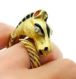 Marcus  18k Yellow Gold  Enamel & Diamond  Equestrian Ring Size 8.25