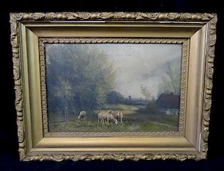 19TH C. OIL ON CANVAS PASTORAL SCENE WITH SHEEP 