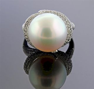 18K Gold Diamond 15mm South Sea Pearl Ring