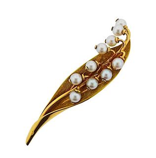 Continental 18K Gold Pearl Lily of the Valley Brooch Pin