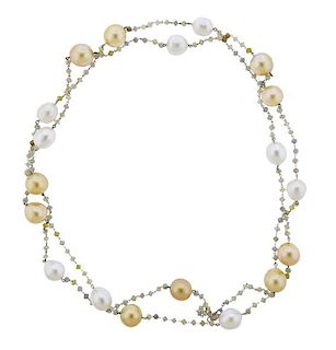 18K Gold Diamond Pearl Long Necklace