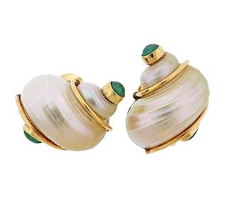 Seaman Schepps 14K Gold Turbo Shell Emerald Earrings