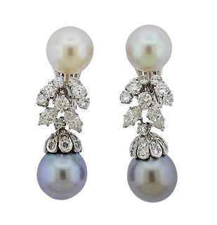 Signed  Webb Platinum 18K Gold Diamond Pearl Earrings