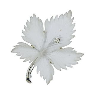 Austrian 14k Gold Frosted Crystal Diamond Leaf Brooch Pin