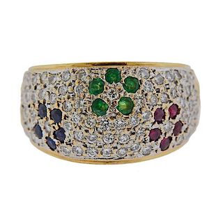14K Gold Diamond Ruby Sapphire Emerald Ring