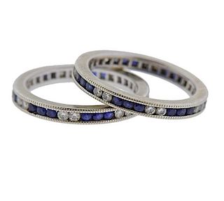 18K Gold Diamond Sapphire Band Ring Set