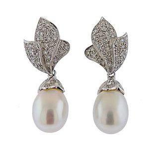18K Gold Diamond Pearl Drop Earrings