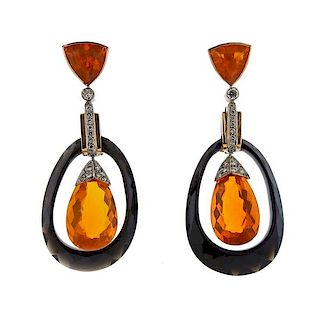 18K Gold Diamond Fire Opal Drop Earrings