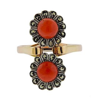 18K Gold Marcasite Coral Flower Ring