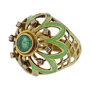 14K Gold Diamond Emerald Enamel Dome Ring