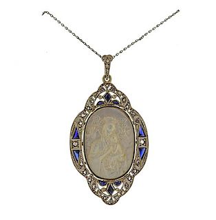 Art Deco Gold Platinum Diamond Sapphire Pendant Necklace