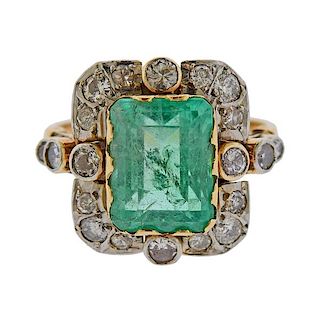 18K Gold Platinum Diamond Emerald Ring