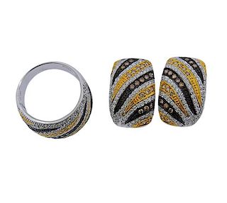18K Gold Fancy Diamond Earrings Ring Set