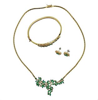 14K Gold Diamond Emerald Necklace Bracelet Earrings Set