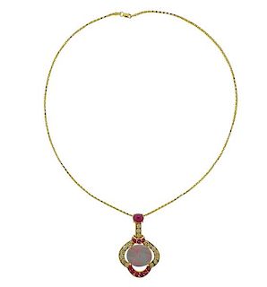 14K Gold Diamond Ruby Opal Pendant Necklace 