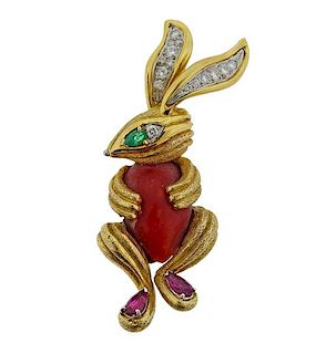 18k Gold Diamond Ruby Emerald Coral Rabbit Brooch Pin