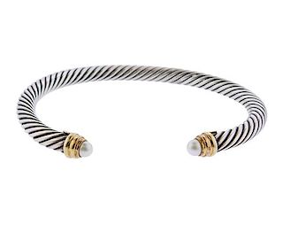 David Yurman Sterling Silver 14K Gold Pearl Cable Bracelet