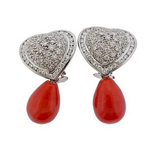Platinum Diamond Coral Heart Drop Earrings