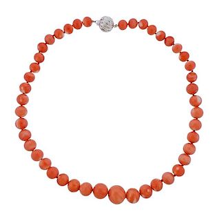 14K Gold Diamond Coral Bead Necklace 
