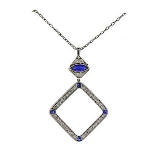 Art Deco Platinum Diamond Sapphire Pendant Necklace