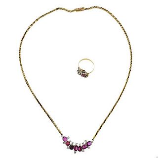 18K Gold Diamond Ruby Ring Necklace Set