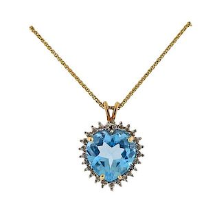 14K Gold Diamond Blue Stone Heart Pendant Necklace