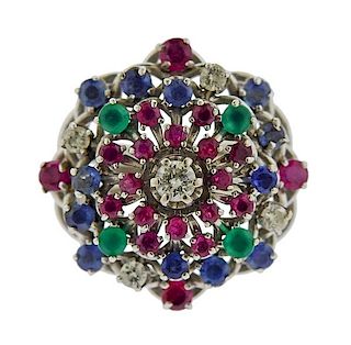 14K Gold Diamond Sapphire Ruby Emerald Dome Ring