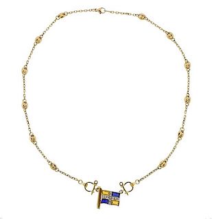 18K Gold Diamond Gemstone Flag Pendant Necklace